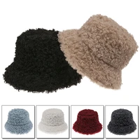 lamb faux fur bucket hat thickened warm winter hats for women velvet cap lady sweet panama outdoor plush version fisherman hat