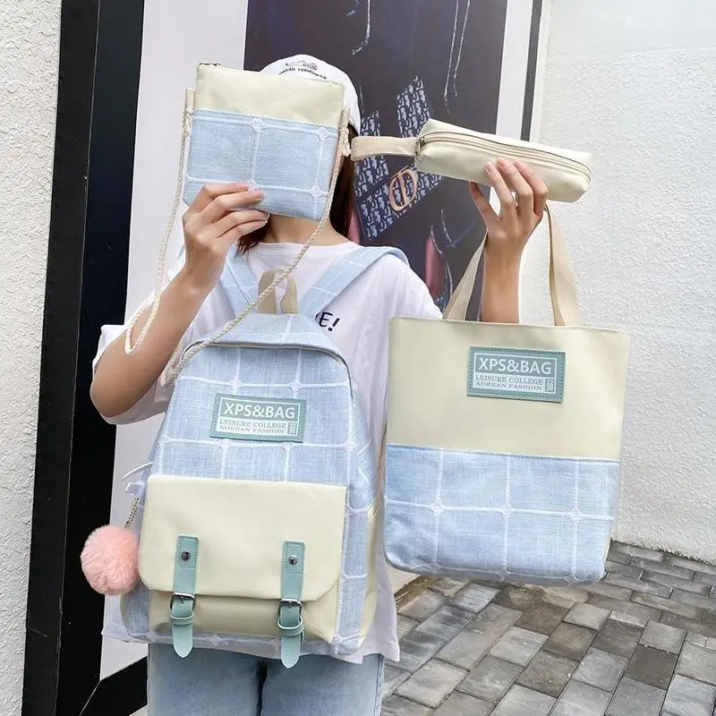 

4 Pcs Set Backpack Plaid School Bag For Teenager Girl Women Backpack Student Canvas College Children Book School Backpack Kids