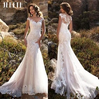 jeheth sexy lace appliques tulle mermaid boho wedding dresses for women bride gowns sirena 2022 with button vestidos de novia