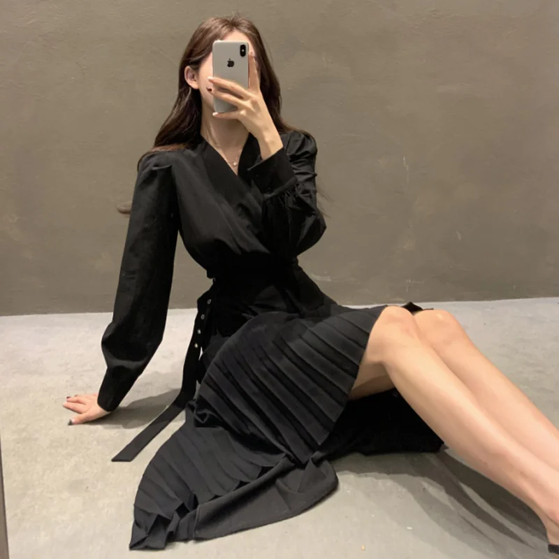 Платье женское Плиссированное с V-образным вырезом длинное однотонное