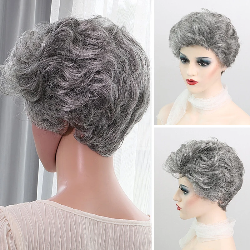 

LANLAN Grey Short Natural Wavy Wigs Women Wigs Heat Resistant Fiber Synthetic Hair Pixie Cut Wig.