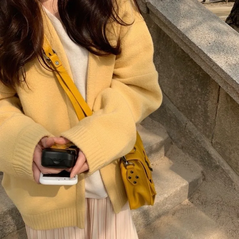 Cardigan Women Yellow Solid Knit Sweater Simple Popular Chic Casual Ulzzang Loose Student Outerwear Female Top Autumn Trendy Hot |