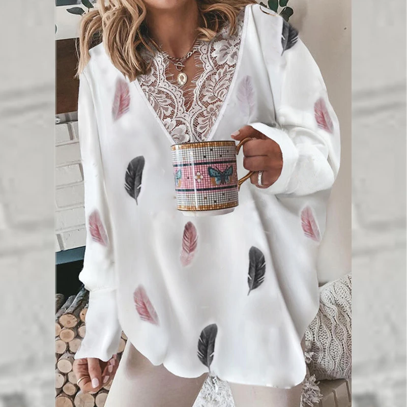 

Женская блузка с буквенным принтом, Весенняя пикантная свободная кружевная рубашка в стиле пэчворк с V-образным вырезом, топы с длинным рука...