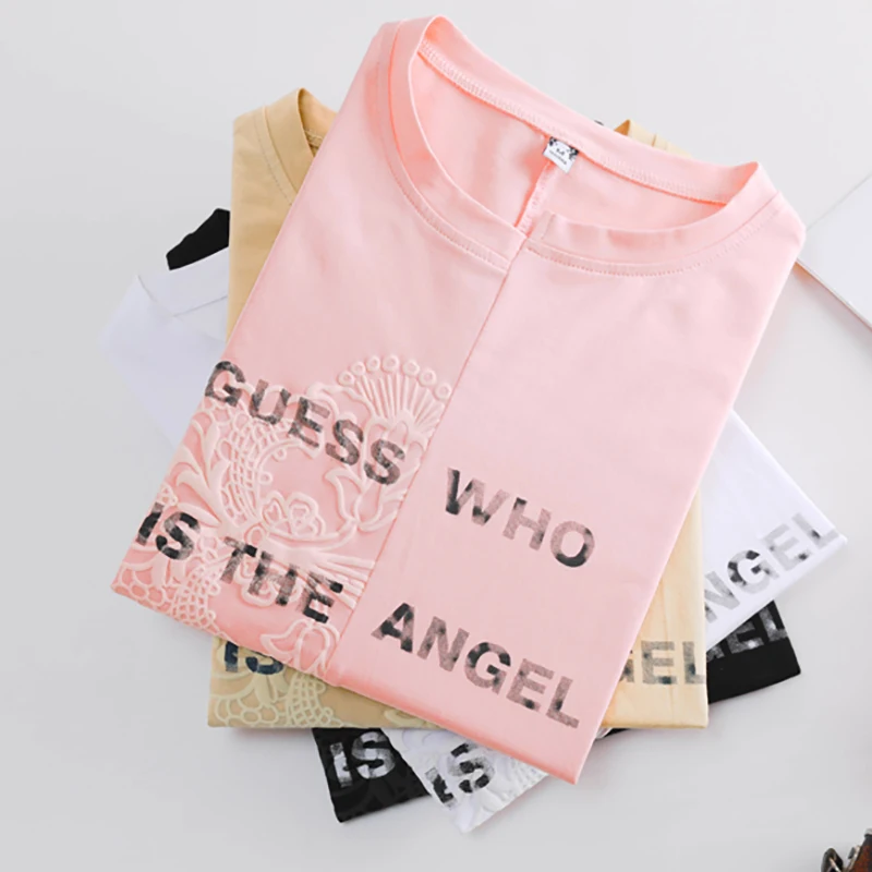 

Asymmetry letter Print T-Shirt Women Lace T Shirt Summer Korean Fashion Short Sleeve Cotton Tshirt Women Tops Tee Shirt Femme