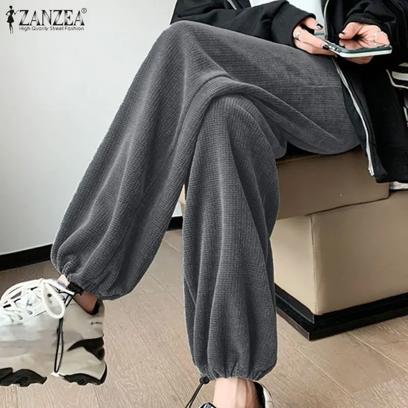 

Spring Autumn Baggy Straight Trousers Female Ovesized Knitted Palazzo Casual High Waist Long Pantalones ZANZEA Women Solid Pants