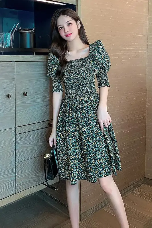 

COIGARSAM Floral Print Women one-piece dress korean New Summer Puff Sleeve Square Collar Dresses 8718