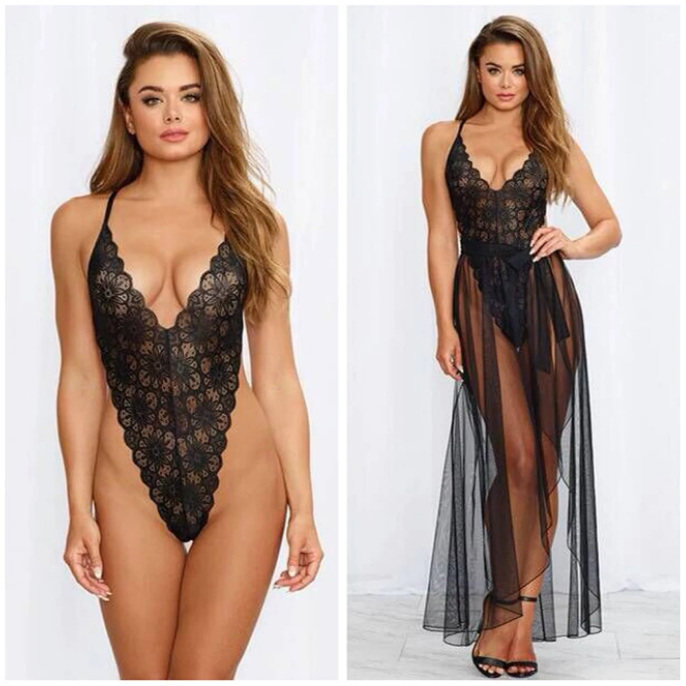 

Откровенное длинное платье, женские комплекты, Ажурное боди с открытой спиной, одежда для сна, кружевное нижнее белье
