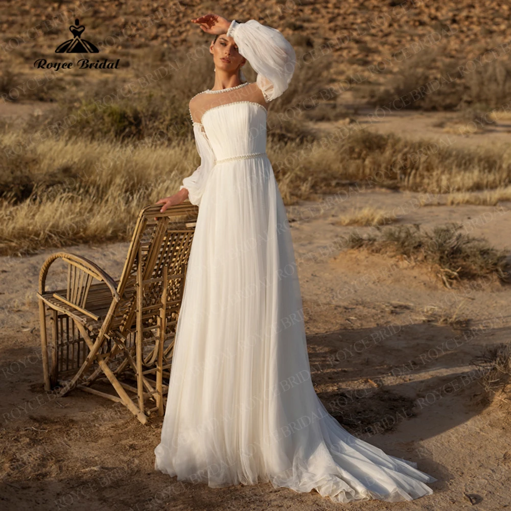 

Элегантное свадебное платье А-силуэта с глубоким круглым вырезом, пышными рукавами, бусинами, жемчужинами, ремнем, Тюлевое платье для невес...