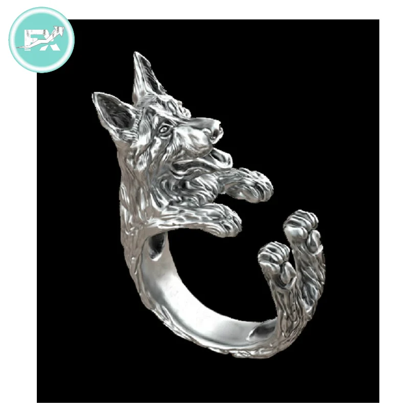 

G.SKY (Buy One Get One More for Free) Retro Punk German Shepherd Ring Free Size Hippie Animal German Shepherd Dog Ring Jewelry