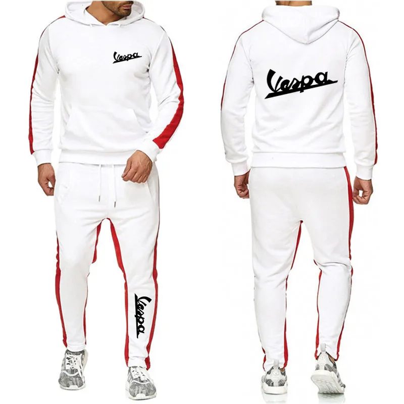 

2021 Spring Autumn New Men's VESPA Logo Printed Pure Color Hoodie + Pants Two-Piece Fashion Personality Slim Sports Casual Suit