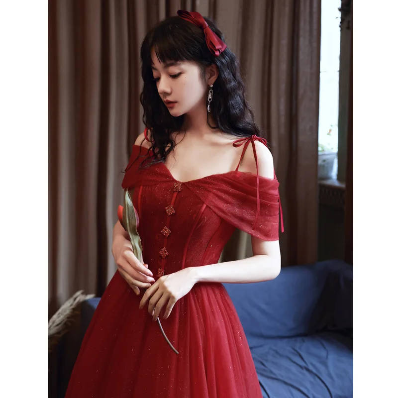 Модные Спагетти ремень с открытыми плечами цвет красного вина Пышное вечернее