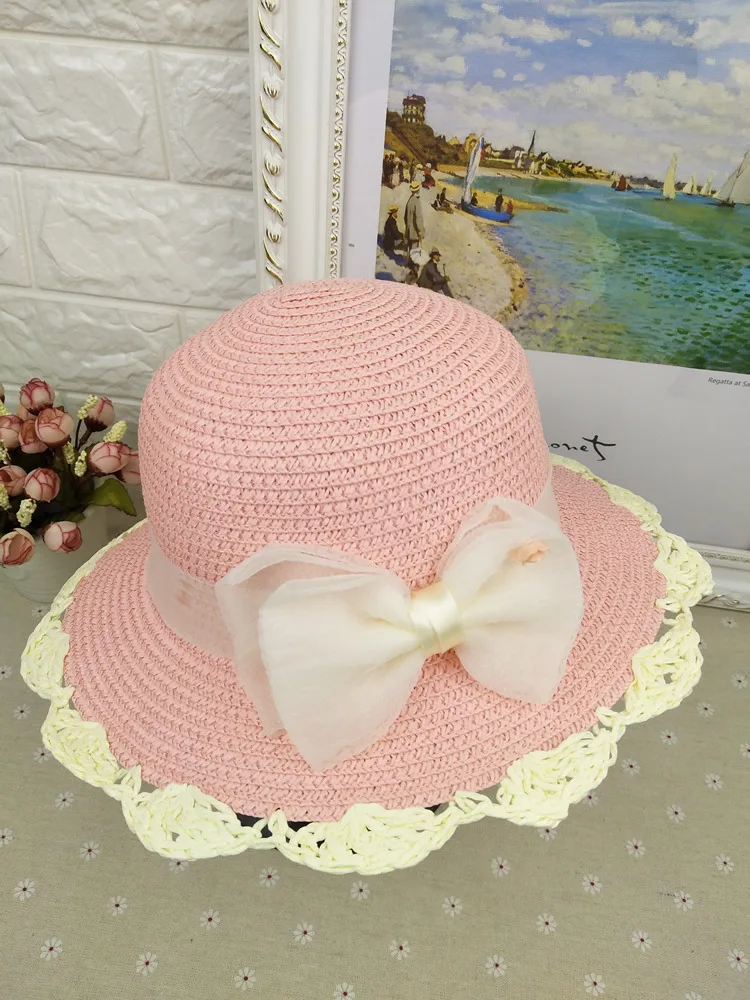

Spring and Summer Children's Sunscreen Sun hat Korean version of the Bow Lace Girl Baby Travel Beach Straw Cap