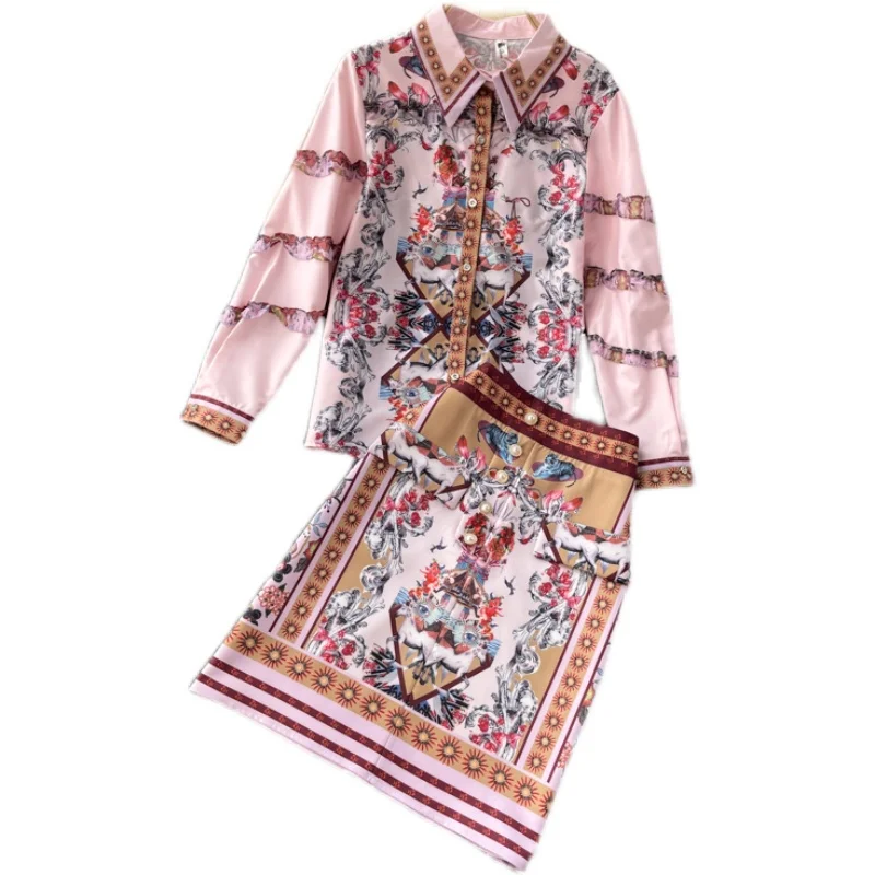 

Women New Fashion Spring and Summer Wear Wood Ear Long Sleeve Elegant Shirt + High Waist Skirt Two-piece Sets S703