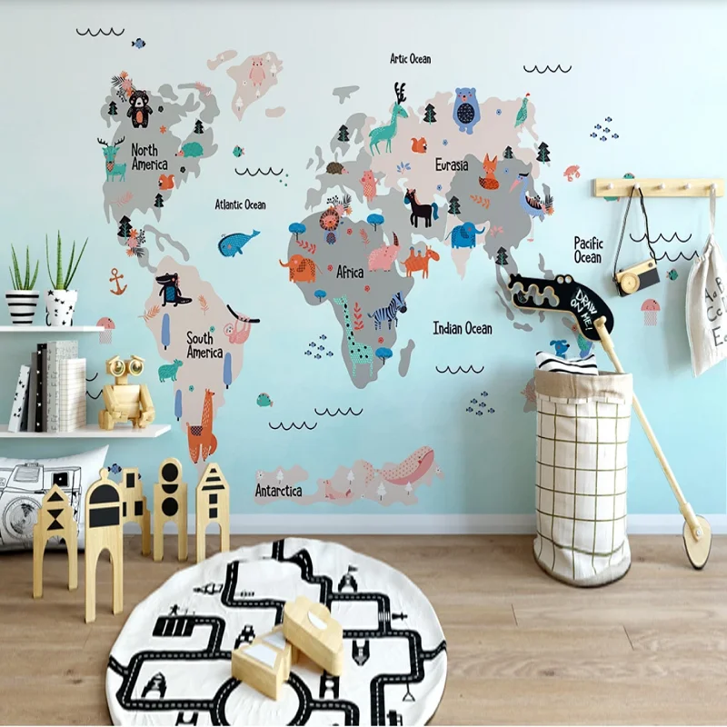 

New Custom 3D Large Mural Wallpaper Original hand drawn cartoon world map animal children's room TV Background living Bedroom