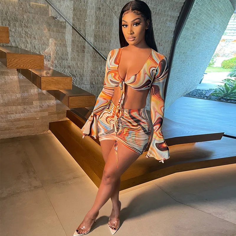 

Sexy Mesh Sheer Print Two Piece Set Long Sleeve Crop Top Mini Skirts Matching Sets Women Fall Clothes Vacation Outfits