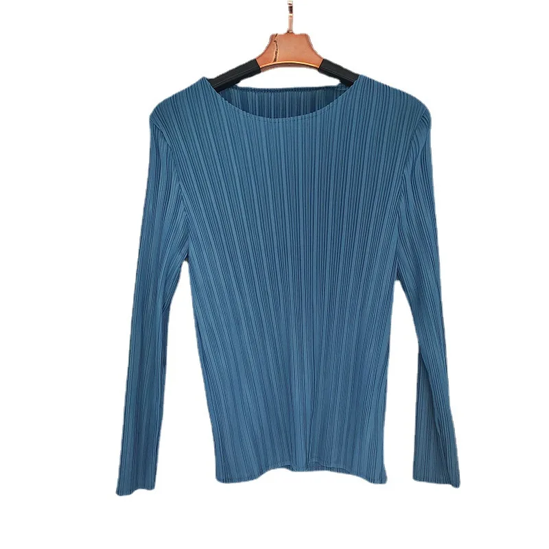 

TVVOVVIN Stylish O-neck Pleated Long Sleeve Women's Top Summer New Slim Simple Commute Casual Stretch T-shirt DFFG