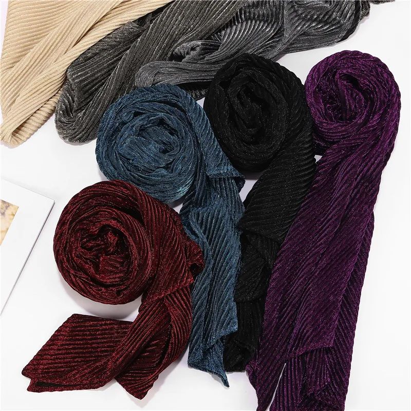 

2021 New Solid Color Bubble Plain Crinkle Pleated Hijab Scarf Female Long Muslim Glitter Wrinkle Head Wrap Scarves for Women