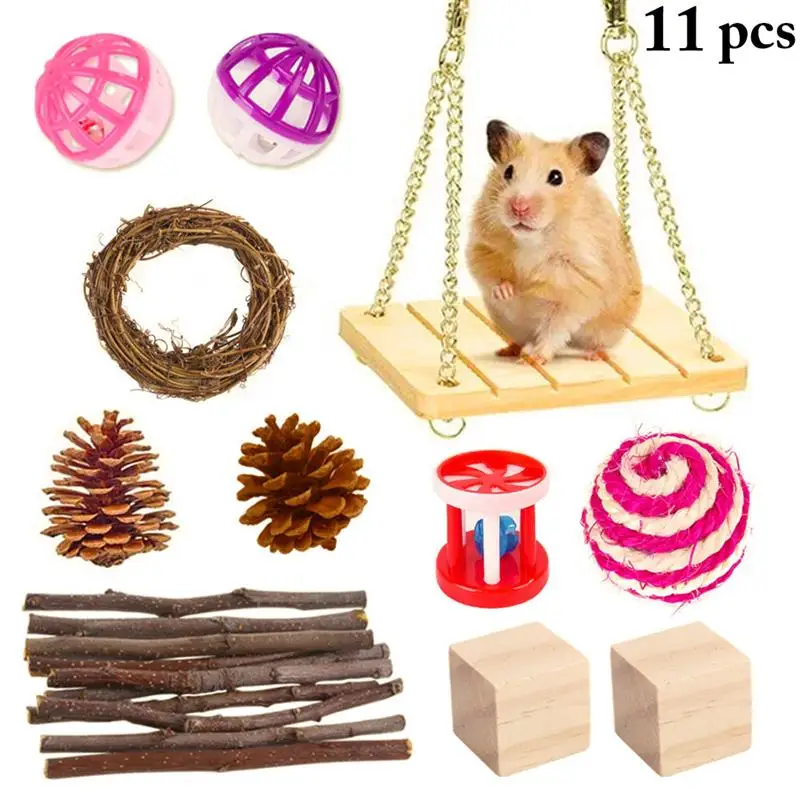 

11 Pcs/Set Small Animal Hamster Toy Interactive Pet Hamsters Rats Squirrels Guinea Pig Chew Molar Cleaning Teeth Toy Accessories