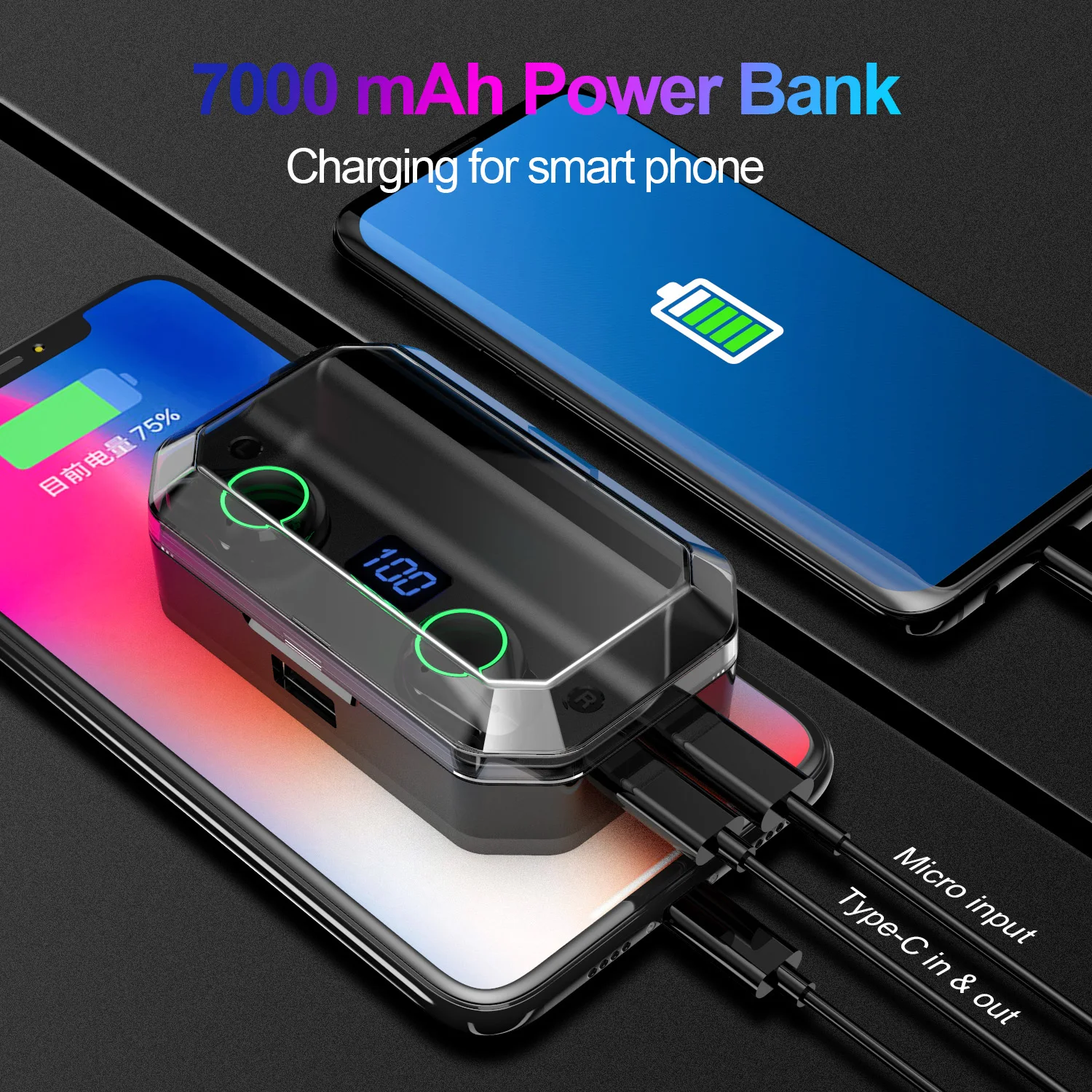 Nasin 5,0 TWS Bluetooth гарнитуры 9D стерео HiFi беспроводные наушники IPX7 водонепроницаемые 7000 мач зарядные устройства с Micropho для Xiaomi