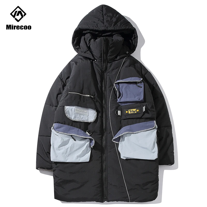 

2019 Long Winter Jacket Parka Hood Men Hip Hop Streetwear Harajuku Multi-Pocet Padded Jacket Coat Outwear Windbreak Men Clothes