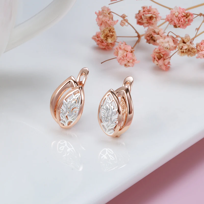 

Kinel New Women Earrings 585 Rose Gold Mixed Silver Color Hollow Leaf Plant Drop Earrings Ethnic Bridal Vintag Wedding Jewelry