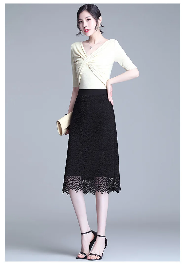 

Fashion Elegant A-line Black Lace Skirts for Women 2021 Summer Plus Size 4XL Casual Slim Office Lady Mid-long Bodycon Skirt 6063