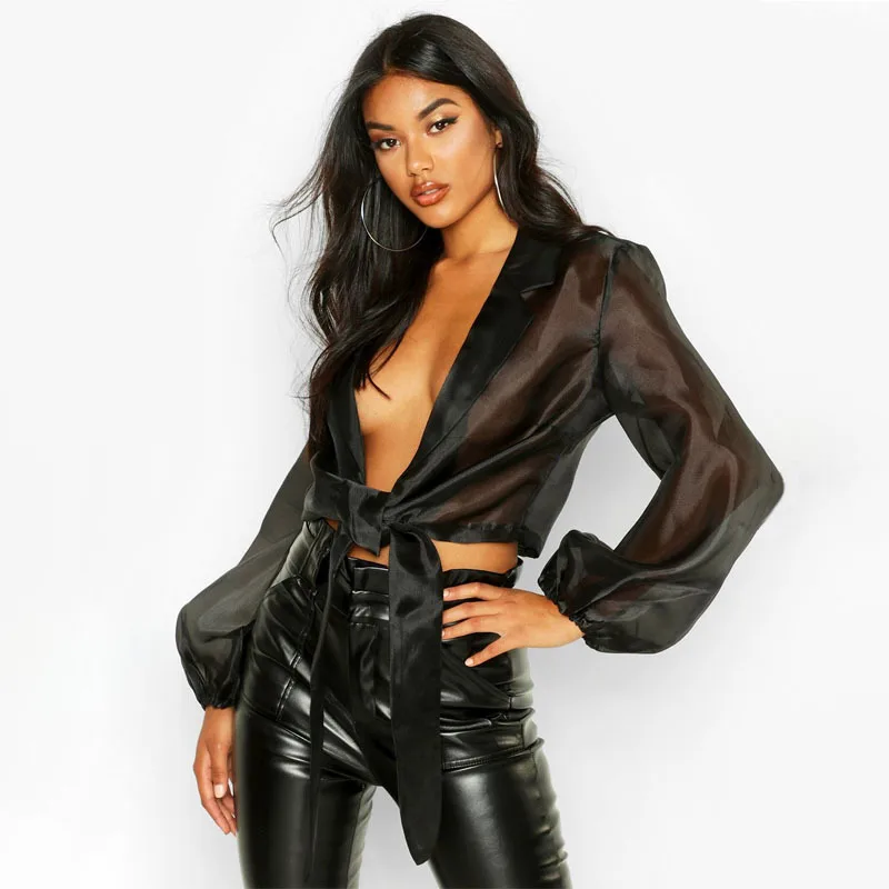 Сексуальная элегантная женская прозрачная рубашка с глубоким v образным вырезом