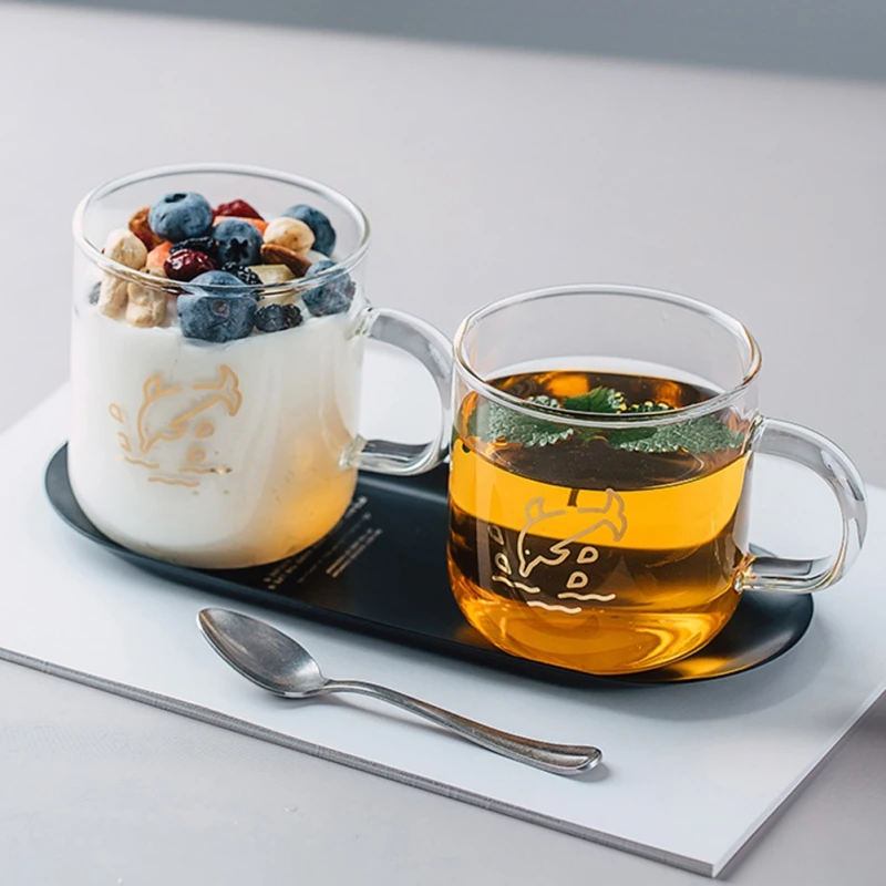

350/380ML Clear Glassware Breakfast Mlik Coffee Mug Household Couple Water Cup Cartoon Flower Fish Pattern Kitchen Drinkware