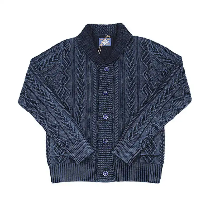 

BOB Shawl DONG Collar Indigo Cotton Cardigan Jacquard Pattern Sweater For Men