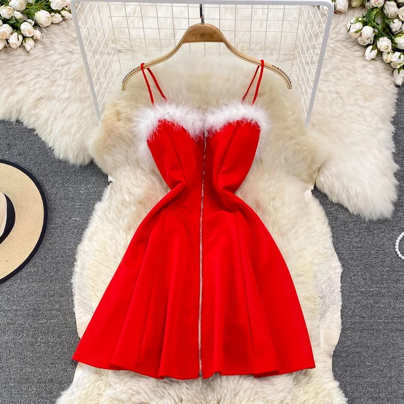 

Red Sexy Spaghetti Strap Party Dress Women Slash Neck High Waist Sleeveless Zip Mermaid Mini Vestidos New