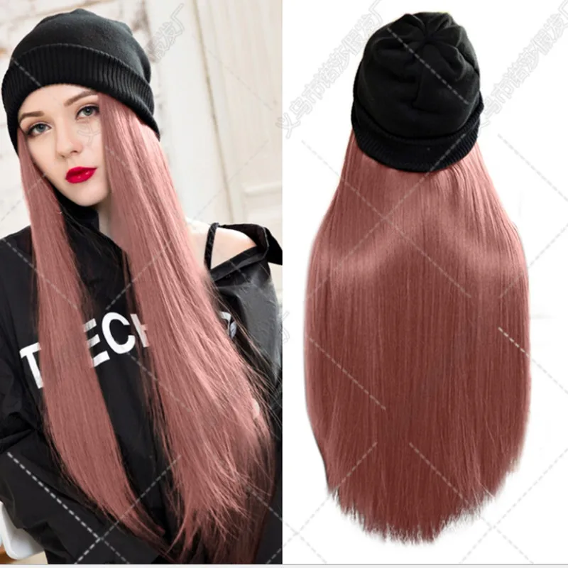 

European and American New Product Wig Female Chemical Fiber Wool Cap Wig Straight Hair Purple Wig Cover Factory Wholesale Hats
