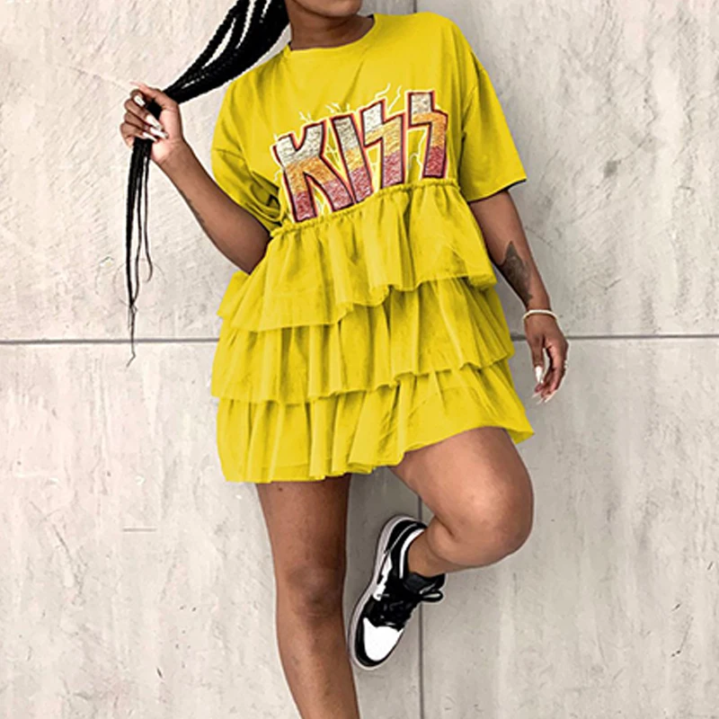 

Letter Printed Short Sleeve Casual Loose Mini Dress Fashion Ruffles Dress