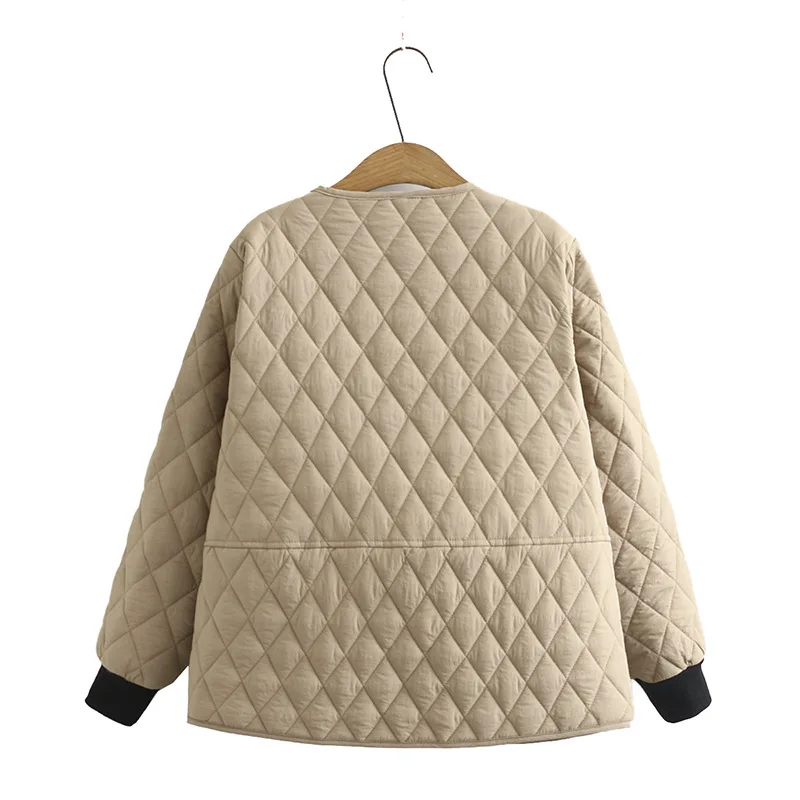 Retro Trend Rhombic Warm Winter Women's Short Coat Grandma Cotton-padded Jacket Casual Single-breasted O-Neck Long Sleeve Coat