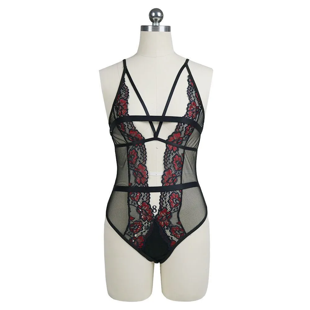 

Bodysuit Women Lace Floral Embroidery Women's Lace Bodysuit Bandage Sleeveless Transparent Body Sexy Rompers Body Suit