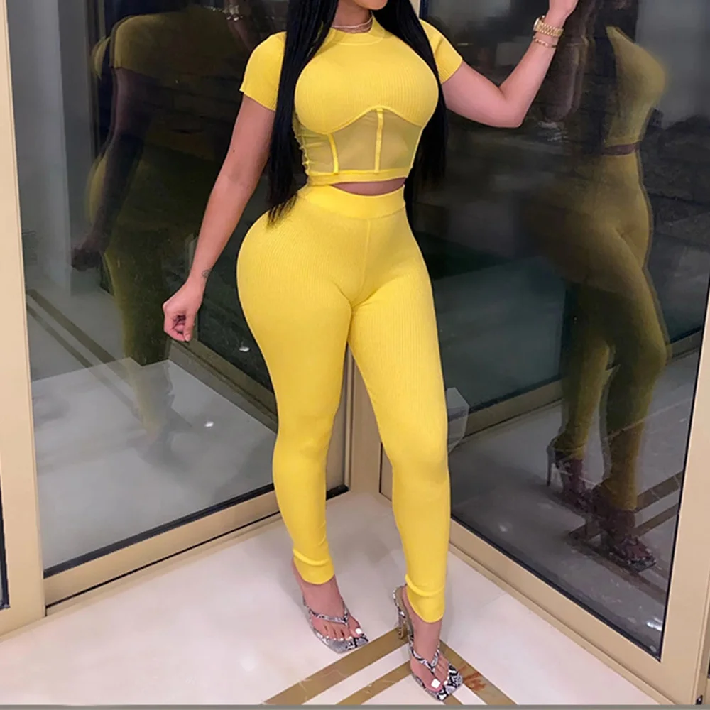 

Sexy Mesh Patchwork Two Piece Set Women 2021 Summer Corset Pants Set Crop Top and Legging 2 Piece Sets Womens Outfits Party Club