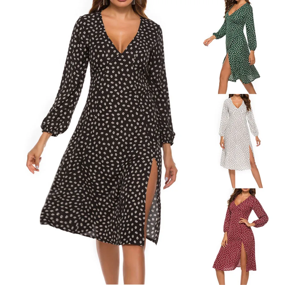 

Женское шифоновое платье с длинным рукавом, V-образным вырезом и принтом