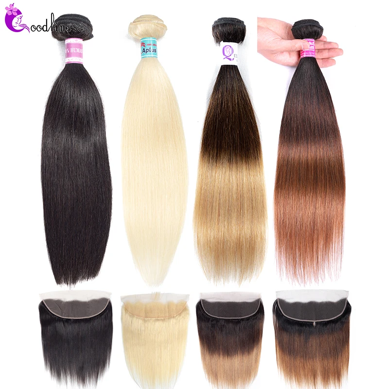 Бразильские прямые пучки волос с фронтальной блондинкой 613 пряди ков 3 тона