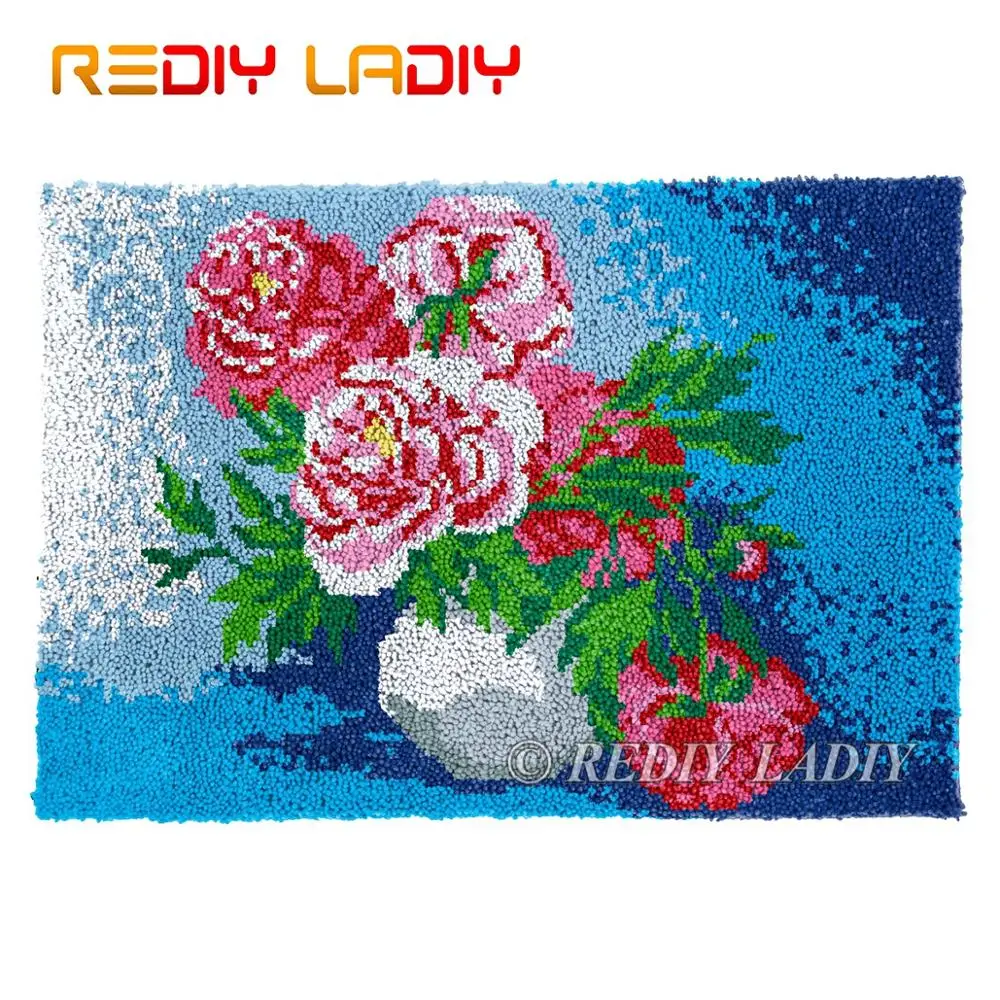 

Latch Hook Kits Red Rose Vase Chunky Yarn Embroidery Crocheting Tapestry Kits Needlework Arts & Crafts DIY Carpet Rug 85*58cm