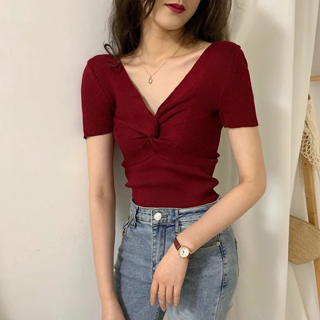 

JAYCOSIN Sexy Women's Summer Tshirts Casual V-Neck Solid Short Sleeve T-shirt Tops Ladies Natural Color Clubwear Female Clothes
