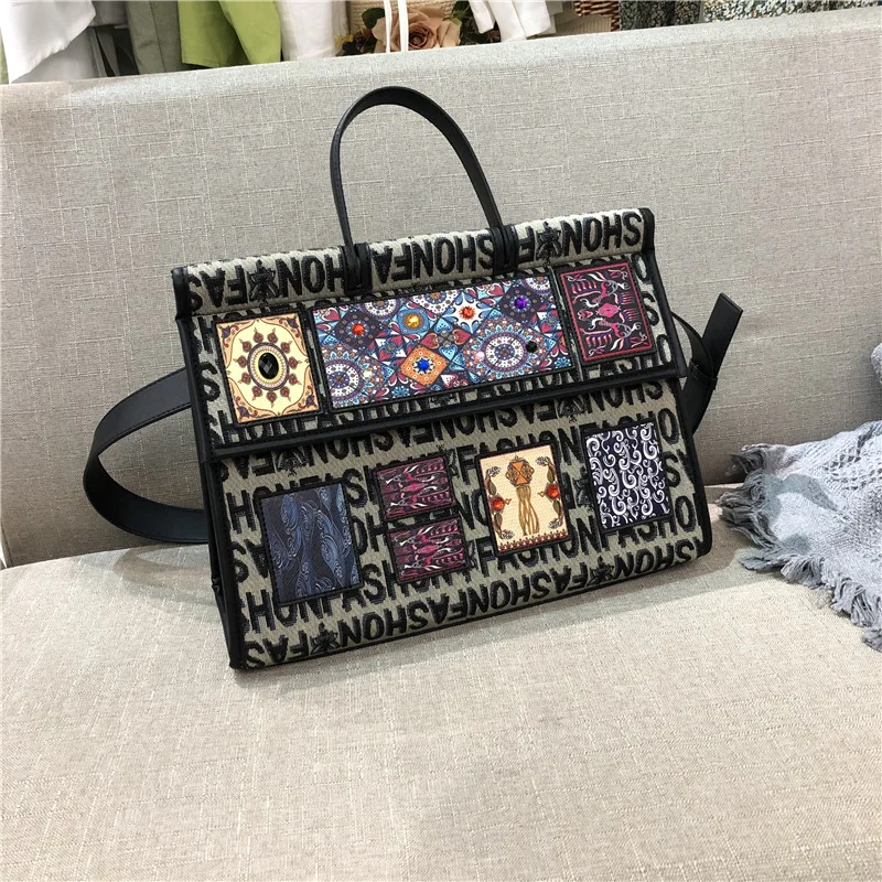 Women Bags Canvas Patchwork Embroidery Purse Handbags Girl Shoulder Bags Cross Body Messenger Bag Female Totes Fashion Flower