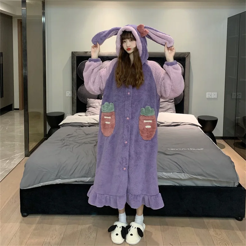 

Winter Sweety Nightgown Dress Kawaii Rabbit Ear Bow Hooded Coral Fleece Thicken Keep Warm Full Sleeve Single Breasted Pajamas