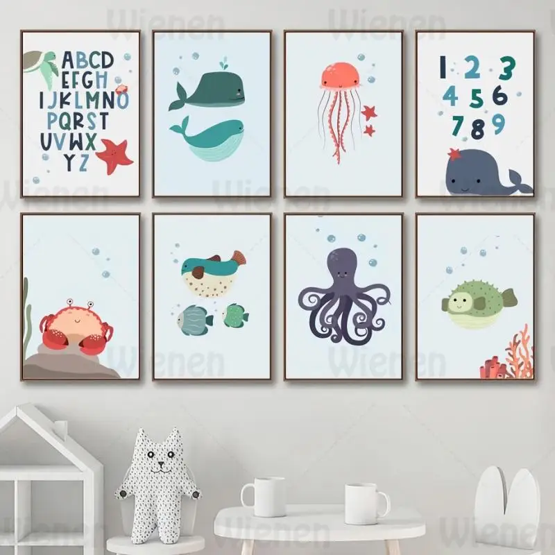 

Cartoon Kids Poster Alphabet Number Whale Octopus Jellyfish Sea Animal Canvas Painting Nordic Style Home Decor Nursery Wall Art