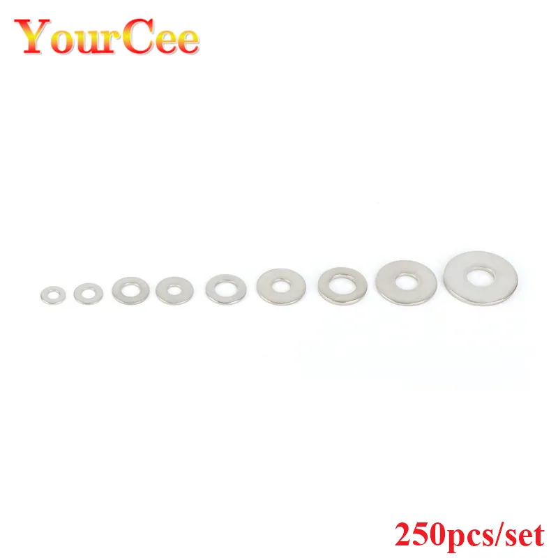 

Плоская шайба из нержавеющей стали 250 шт./компл. M2.5 M3 M4 304, плоская прокладка 50 шт. для 5 типов M3 * 7*0,5/M4*9*0,8/M2.5*6*0,5/M3*9*0,8/m4x12x1