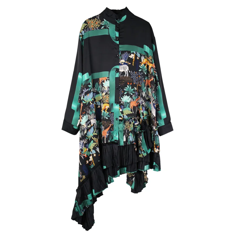 

SuperAen Plus Size Top 2021 Spring New Fashion Print Stand Pleated Irregular Chiffon Shirt Blouse Women