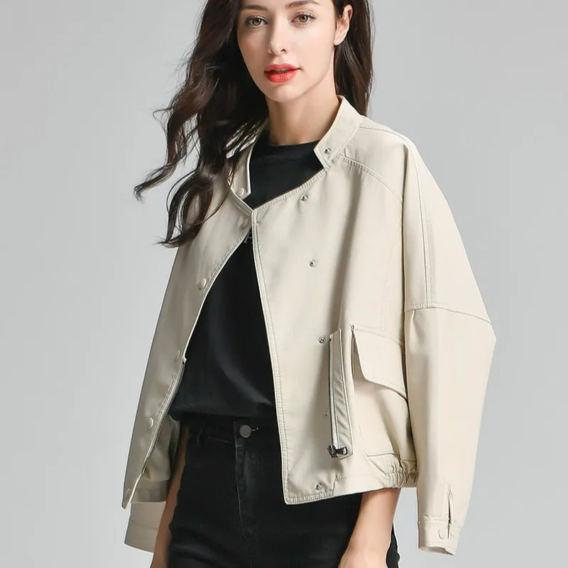 

Куртка женская из искусственной кожи, с рукавами летучая мышь и карманами, черная, розовая, весна-осень, Forextolux 2021, Harajuku