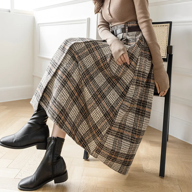 

2022 Autumn Winter Warm Midi Long Skirt Women Korean Style Irregular Plaid Mid-Length High Waist Skirt Female Belt Office Wear