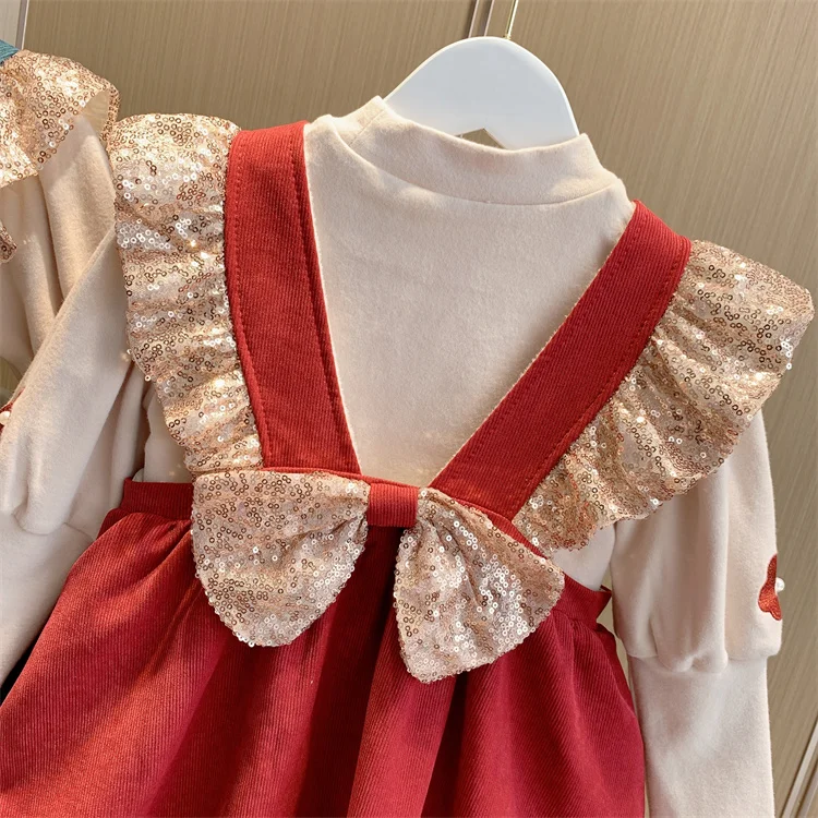 

Платье для девочек, Новинка весна-осень 2022, вельветовый жилет с блестками и бантом для девочек + футболка с длинным рукавом с пузырьками и цв...