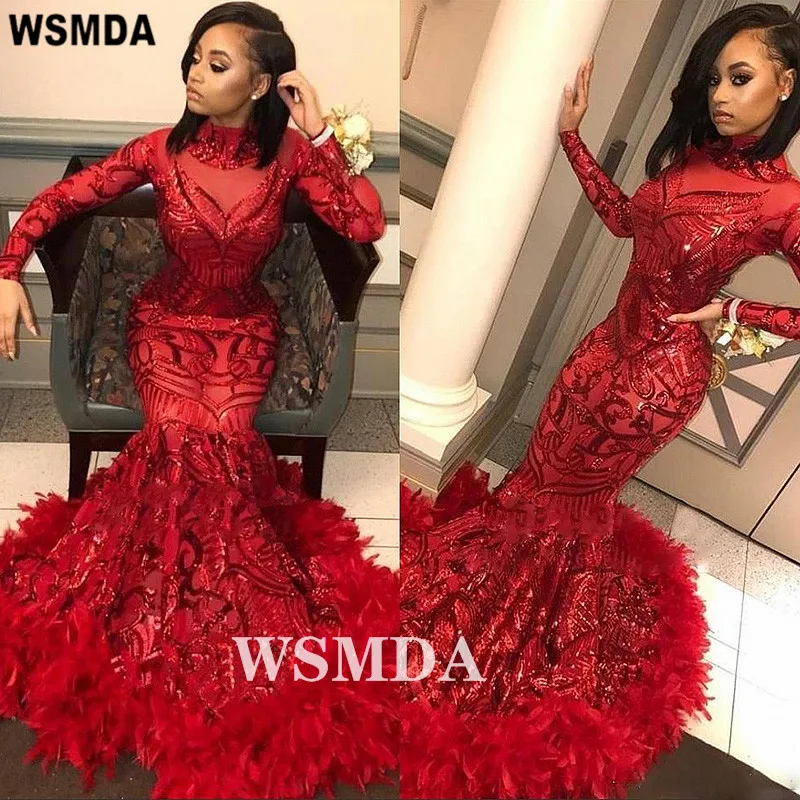 Фантастические красное платье с перьями Нижняя Русалка Выпускные платья высоким