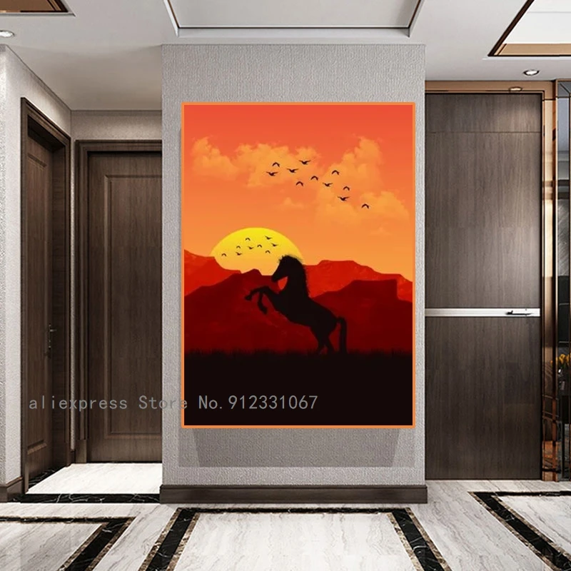 Пейзаж С закатом картины на холсте животное искусство олень лошадь Масляные