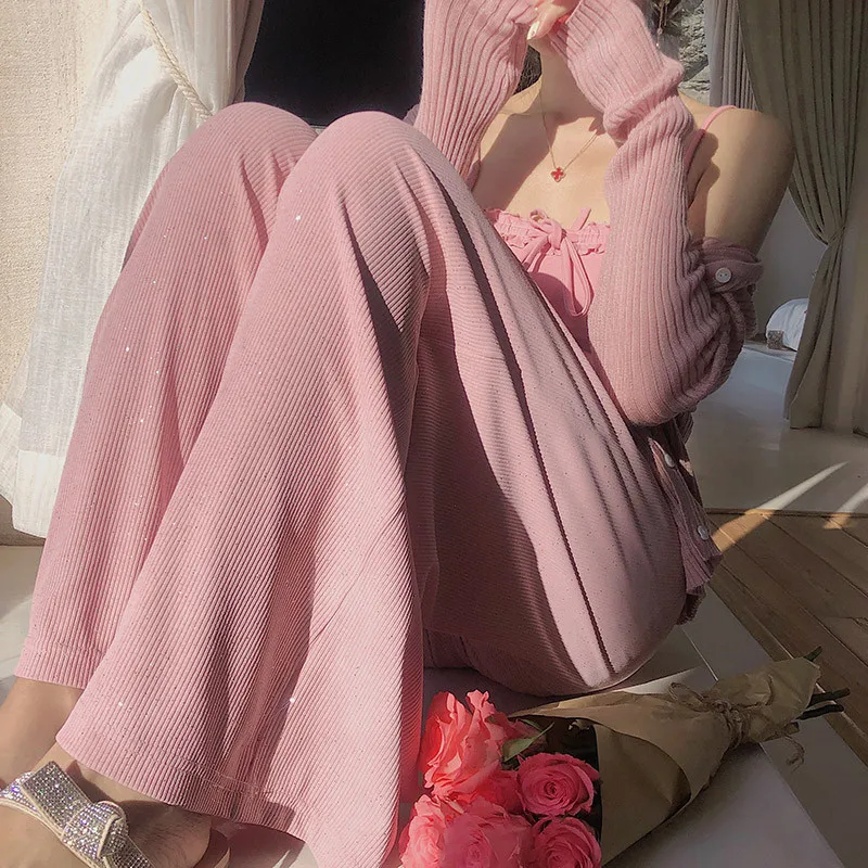 

Limiguyue Summer Ice Silk Trousers Women Loose Casual Bandage Pants Chic Glittering Sequins High Waist Slim Wide Leg Pants K1286